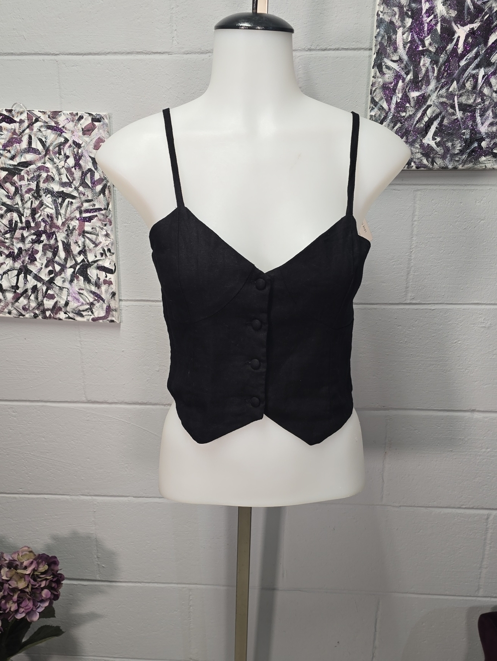 Love Tree Black Button-Front Spaghetti Strap Crop Top